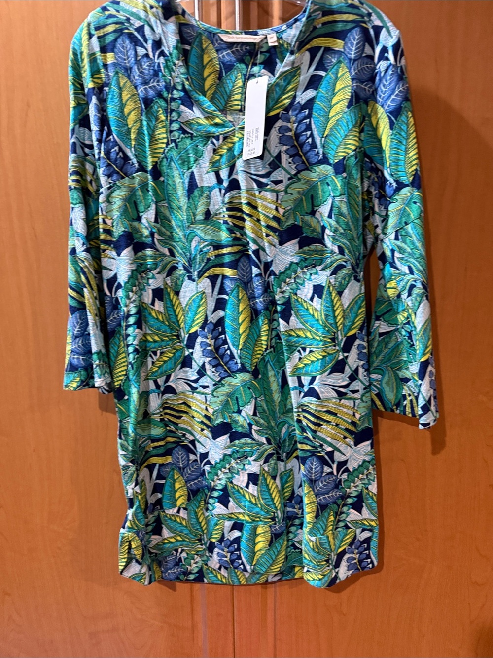 Soft Surroundings Blue & Green Tropical Leaf Tunic